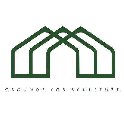 Logo of grounds for sculpture featuring a stylized outline of three interconnected buildings with green accents and turquoise windows.