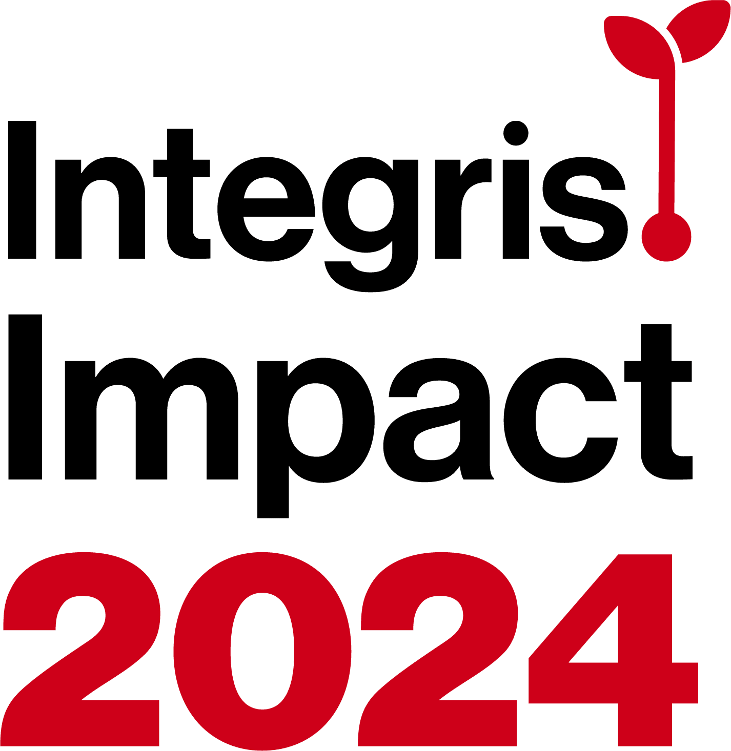 Logo of integris impact 2024, featuring the name in black and red text with a red stylized 'i' above the word 'integris'.