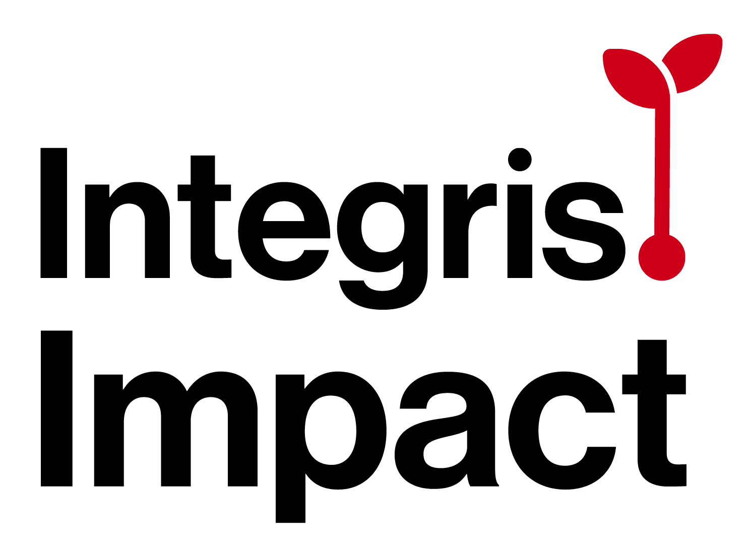 Logo with the words "Integris Impact" in black text. A small red plant sprout symbol extends from the letter "I" in "Impact".