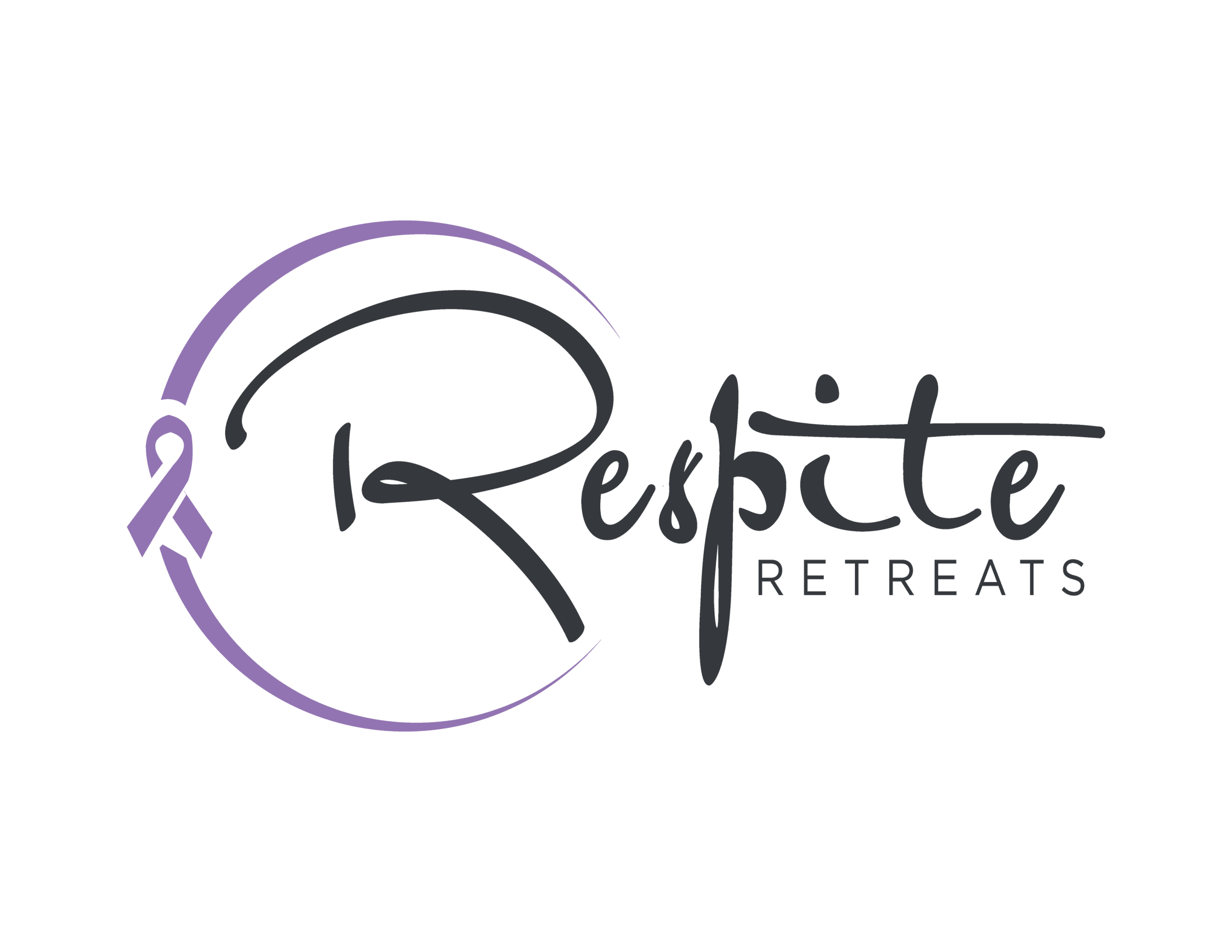 Logo of respite retreats featuring stylish lettering and a circular purple emblem.