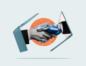 A digital illustration depicts a human hand shaking hands with a robotic hand, emerging from two laptops facing each other. The background features an orange circular circuit pattern, emphasizing the theme of technology and human-robot collaboration, highlighting how innovation serves as our copilot in this journey.