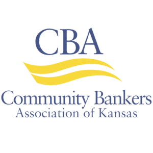 Logo of the Community Bankers Association of Kansas (CBA), featuring the acronym "CBA" in large blue letters at the top. Below are three yellow wavy lines, followed by the full name "Community Bankers Association of Kansas" in blue text, symbolizing their commitment to financial IT services for local banks.