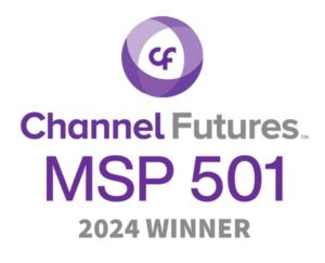 Channel Futures MSP 501 2024 Winner logo. Showcasing the achievements of this top IT solution provider, the logo features a purple and grey design with the letters "cf" inside a circle at the top.