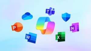 Logos of various Microsoft Office applications appear in a gradient blue background. The central, colorful Microsoft 365 logo is surrounded by icons of OneDrive, Teams, Defender, OneNote, Excel, Word, and PowerPoint.