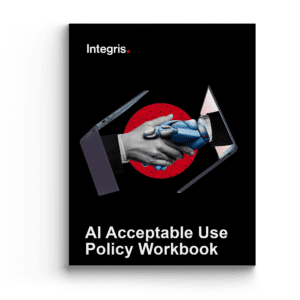 Cover of "AI Acceptable Use Policy Workbook" by Integris, featuring an image of two robotic hands shaking, one emerging from each of two laptops.