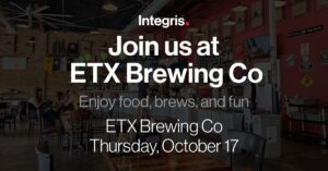 A brewery with people sitting at tables and a bar area, promoting an event at ETX Brewing Co on Thursday, October 17, by Integris. Slogan: "Enjoy food, brews, and fun." Discover new resources while you mingle and enjoy the festivities!