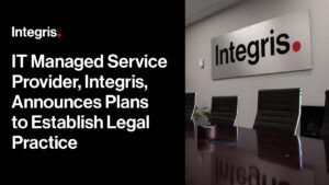 Conference room with a large Integris sign on the wall and text announcing Integris' plans to establish a legal practice.