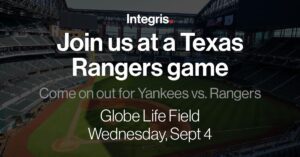 A baseball field with text overlay promoting a Texas Rangers game at Globe Life Field on Wednesday, Sept 4, featuring the Yankees vs. Rangers. Don't miss this exciting matchup—secure your tickets and fan resources today!