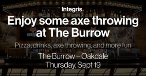 Join us at The Burrow in Oakdale on Thursday, September 19, for an exciting axe throwing event! Enjoy pizza, drinks, and more fun with friends. Gather your resources and make this a night to remember!