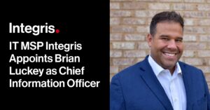 Integris announces the appointment of Brian Luckey as Chief Information Officer. The image shows Brian Luckey smiling in a blue suit and white shirt against a brick background.