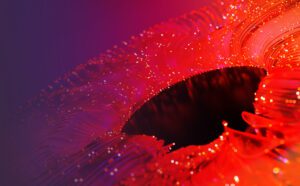 Abstract digital artwork featuring concentric red and orange lines with glowing dots surrounding a central black void on a purple background.