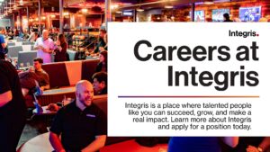 People gather in a vibrant, modern lounge beneath a large "Careers at Integris" sign, exploring exciting careers and opportunities to grow with Integris.