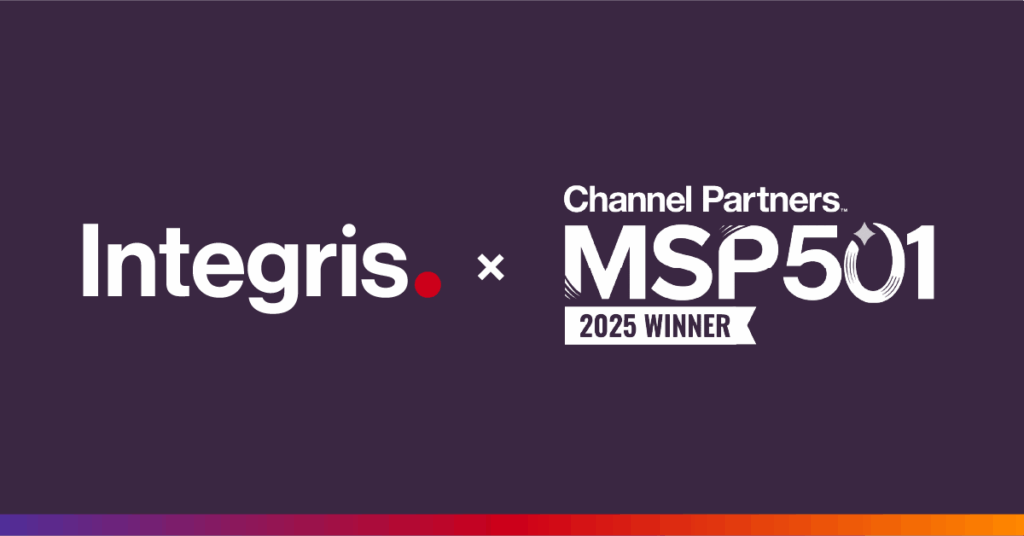 Integris logo next to Channel Partners MSP 501 2025 Winner badge on a dark background with a red and purple border at the bottom.