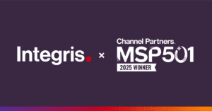 Integris logo next to Channel Partners MSP 501 2025 Winner badge on a dark background with a red and purple border at the bottom.
