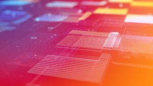 Abstract digital background with glowing squares, dots, and lines in orange, pink, and purple tones, resembling a circuit or data network.