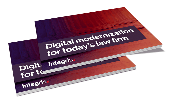 Two booklets titled "Digital modernization for today's law firm" with the Integris logo on the cover, stacked on a white surface, highlight how legal AI is transforming modern legal practices.