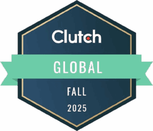 A hexagonal badge with the Clutch logo, a green ribbon labeled "Global," and the text "Fall 2025.