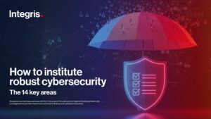 A red umbrella covers a glowing shield with checklist icons, symbolizing cybersecurity protection; the text reads “How to institute robust cybersecurity: The 14 key areas.”.