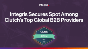 Banner announces Integris as one of Clutch's Top Global B2B MSP Providers for Fall 2025, featuring the Clutch Global badge on a dark geometric background.