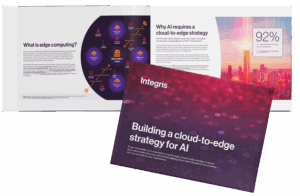 An informational booklet titled "Building a cloud-to-edge strategy for AI" with interior pages about edge computing and AI strategies, featuring graphics and statistics.