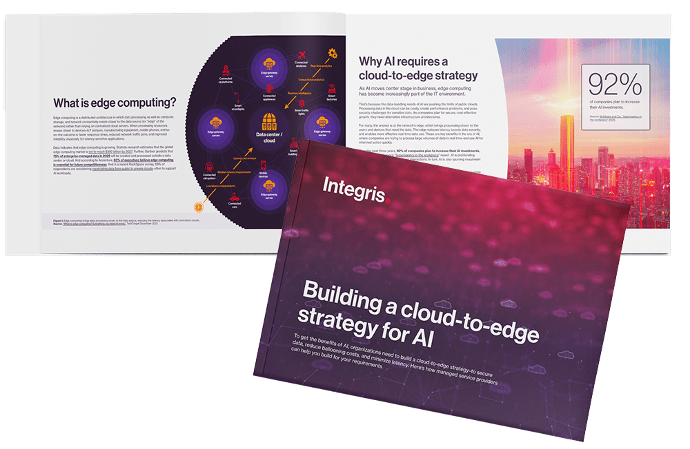 An informational booklet titled "Building a cloud-to-edge strategy for AI" with interior pages about edge computing and AI strategies, featuring graphics and statistics.