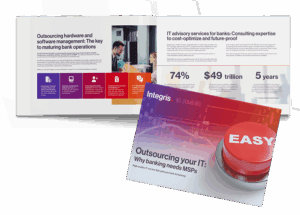 A booklet with charts and statistics about IT outsourcing for banks, and a cover page titled “Outsourcing your IT: Why banking needs MSPs” with a large red button labeled "EASY.