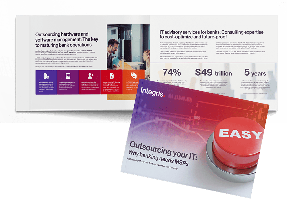 A booklet with charts and statistics about IT outsourcing for banks, and a cover page titled “Outsourcing your IT: Why banking needs MSPs” with a large red button labeled "EASY.
