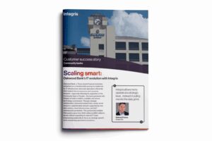 A magazine page features a case study about Oakwood Bank's IT improvements with Integris, highlighting resources used, alongside a photo of the bank building and a testimonial from the CEO.