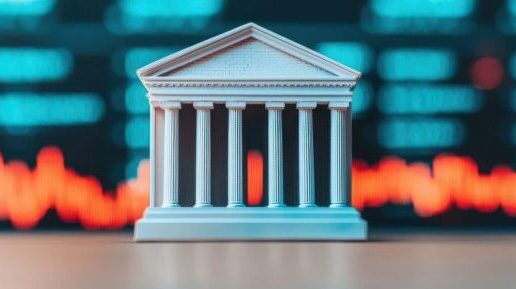 A model of a classical bank building with columns is in front of a blurred background showing red and blue financial stock market data.