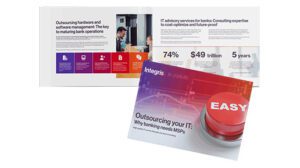 Two brochures about IT outsourcing for banks, featuring text, icons, business stats, and an image of a red "EASY" button on the cover.