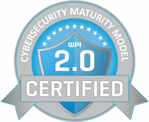 A round gray and blue badge reads "CYBERSECURITY MATURITY MODEL 2.0 CERTIFIED" with a shield and stars in the center.