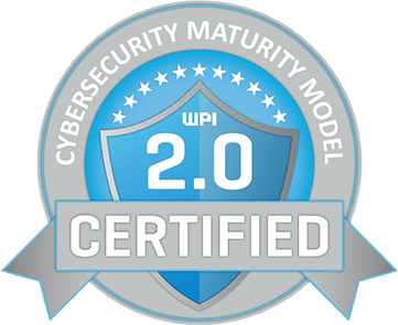 A round gray and blue badge reads "CYBERSECURITY MATURITY MODEL 2.0 CERTIFIED" with a shield and stars in the center.