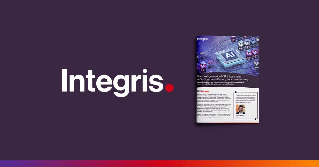 The image shows the Integris logo beside a digital brochure featuring AI graphics, text, and a profile photo on a dark purple background.