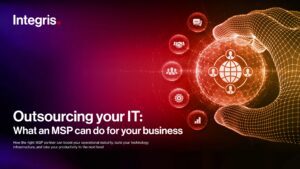 A digital graphic shows a wireframe hand holding a glowing globe icon, surrounded by various technology symbols, with text about outsourcing IT and managed service providers.