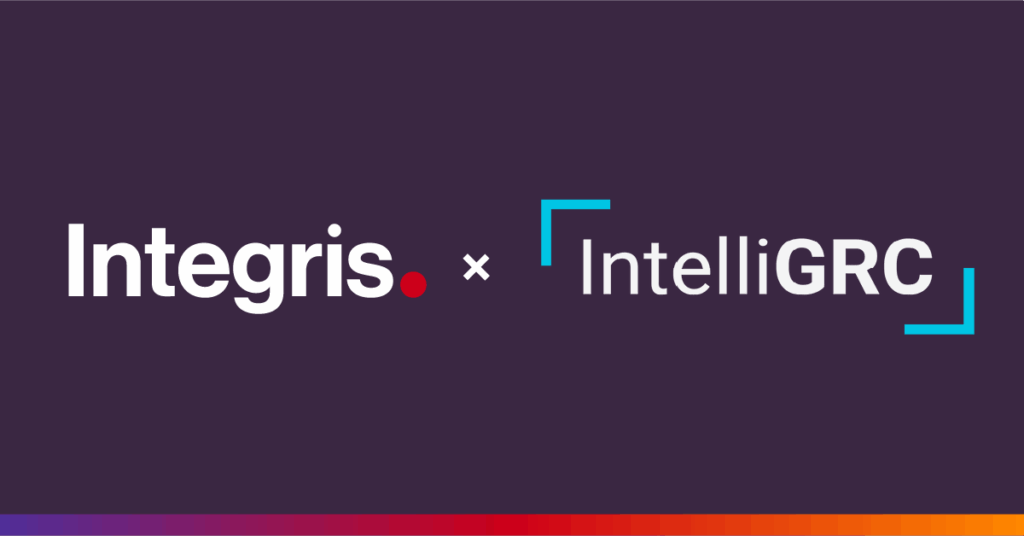 Logos of Integris and IntelliGRC displayed side by side on a dark purple background with a colored border at the bottom.