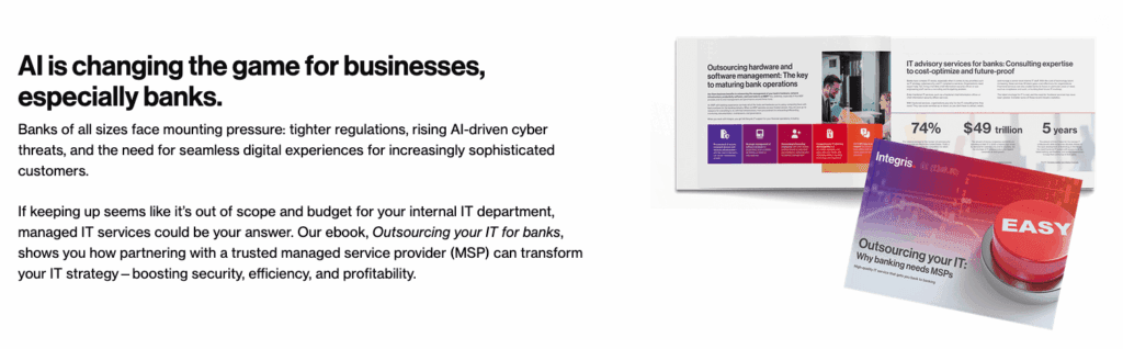 A promotional graphic about AI-driven IT outsourcing for banks, highlighting protection against threats like bank email scam attacks, featuring text, a statistic, and images of an ebook and an IT services brochure.
