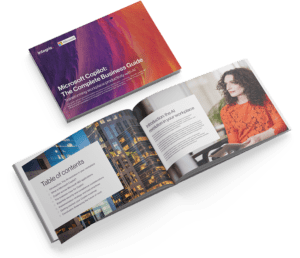 An open business guide booklet titled "Microsoft Copilot: The Complete Business Guide," showing a table of contents, a photo of a woman at a desk, and a city building image.
