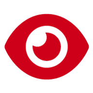 Red stylized eye icon with a circular white highlight in the upper left of the pupil, set against a light gray background.