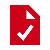 Red document icon with a white checkmark and a folded top-right corner on a light gray background.