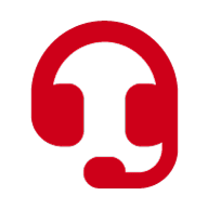 Red icon of a headset with a microphone on a light gray background.