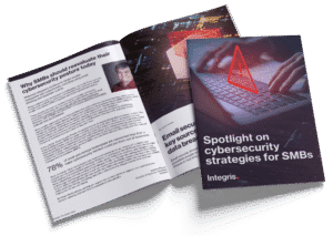 A brochure titled "Spotlight on cybersecurity strategies for SMBs" is shown, with pages open displaying text, a photo, and cybersecurity graphics.