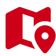 Red map icon with a bold location pin overlay on a light gray background.