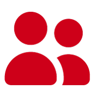 Red icon of two simplified human figures, one in front and one slightly behind, on a light gray background.
