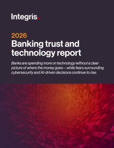 Cover of the 2026 Integris Banking Trust and Technology Report, featuring a red and orange digital abstract background with white headline text.