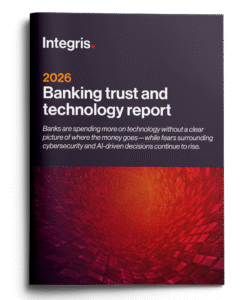 A brochure cover titled "2026 Banking trust and technology report" by Integris, featuring a red abstract pattern at the bottom and white text on a dark background.
