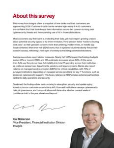 A professional man in a suit and glasses smiles in front of a white background, with text above discussing a bank customer trust survey and cybersecurity concerns for 2026.