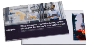A brochure titled "Why adaptive manufacturing is the playbook for today’s manufacturers" shows a man holding a tablet in a factory with robotic arms, and a worker in a hard hat on the back page.