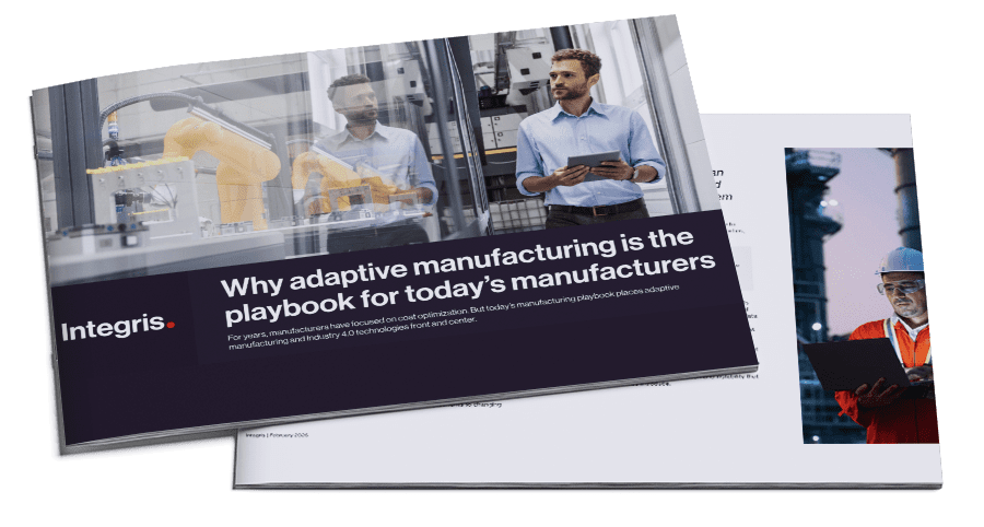 A brochure titled "Why adaptive manufacturing is the playbook for today’s manufacturers" shows a man holding a tablet in a factory with robotic arms, and a worker in a hard hat on the back page.