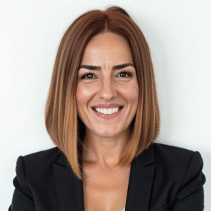 A woman with straight, shoulder-length brown hair wearing a black blazer, smiling at the camera against a plain white background—ideal for showcasing professionalism in regulated industry IT services.