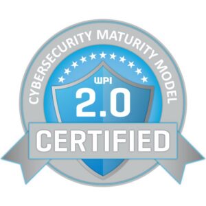 A round badge with a blue shield and stars, labeled "CMMC 2.0 Certified" for Cybersecurity Maturity Model Certification, ideal for manufacturing IT services aiming to showcase top-tier cybersecurity standards.